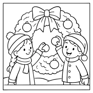 Omalovánka zdarma – coloring page s dětmi zdobícími sněhem pokrytý věnec k vybarvení a tisku