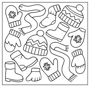 Zimní omalovánka – coloring page s motivem rukavic, šál, čepic a bot k vybarvení zdarma