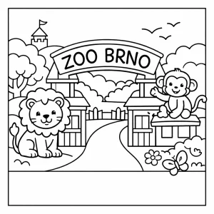 Omalovánka vstup do ZOO Brno s roztomilým lvem a opičkou k vybarvení pro děti