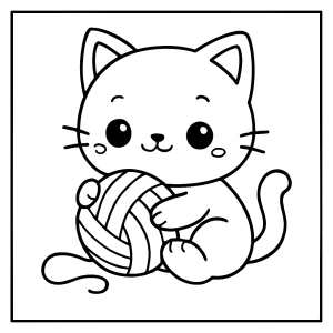 Omalovánka kawaii kočka hrající si s klubíčkem k vytištění zdarma