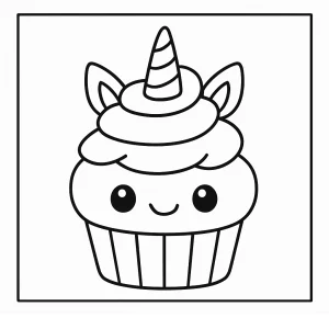 Roztomilý kawaii cupcake jednorožec – omalovánka coloring page pro děti zdarma