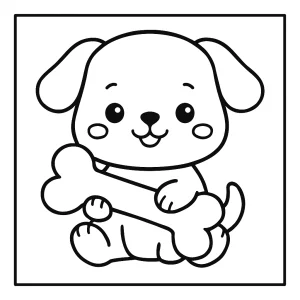 Omalovánka roztomilého kawaii psa s velkou kostí pro děti ke stažení zdarma