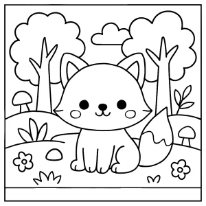 Omalovánka roztomilé kawaii lišky v lese – coloring page zdarma pro tisk