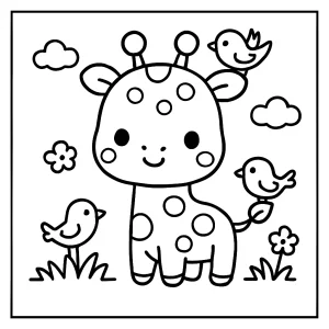 Roztomilá kawaii žirafa s malými ptáčky – omalovánka k vybarvení zdarma pro děti