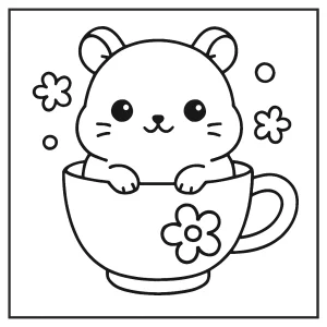 Omalovánka s roztomilým kawaii křečkem v šálku pro tisk a vybarvení