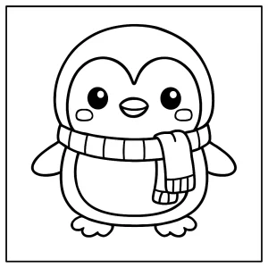 Kawaii tučňák se šálou – omalovánka k vytištění zdarma pro děti