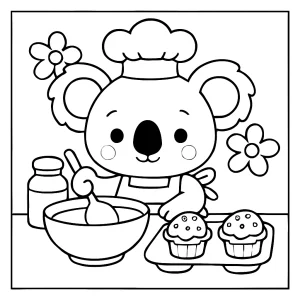Roztomilý koala pečící muffiny – omalovánka ke stažení zdarma