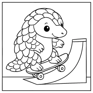 Omalovánka zdarma: pangolin na skateboardové rampě – coloring page pro děti k vybarvení
