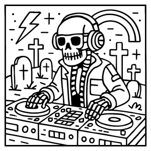 Omalovánka kyberpunkového kostlivce DJ mixujícího techno na neonovém hřbitově k vytištění zdarma