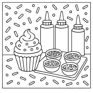 DIY cupcake decorating station omalovánka – coloring page s explozí posypek, kreativní obrázek pro děti