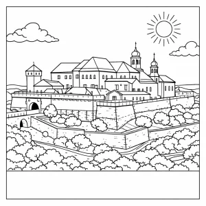 Omalovánka hrad Špilberk v Brně, detailní černobílá linie, omalovánka k vytištění