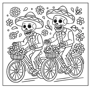 Día de los Muertos mariachi kostlivci na kolech – omalovánka k vytištění zdarma