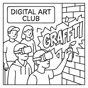 Omalovánka – děti v digitálním klubu malují graffiti ve VR na virtuální stěnu, omalovánka zdarma k vytištění