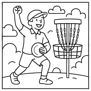 Disc Golf sportovec slavící vítězství – omalovánka k vytisknutí zdarma