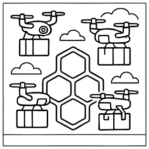 Droní úl s nákladem omalovánka – coloring page s futuristickými drony pro děti k vybarvení
