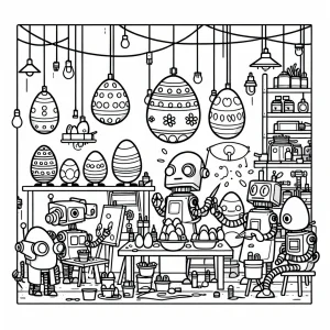 Roboti a děti zdobí vajíčka – velikonoční omalovánka, coloring page zdarma k vytištění