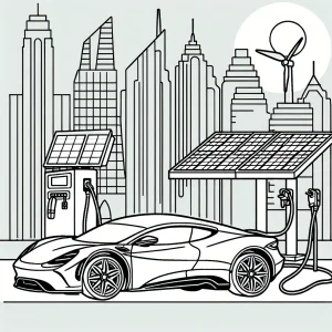 Omalovánka zdarma s elektrickým superautem nabíjejícím u solární stanice a městským panoramatem v pozadí