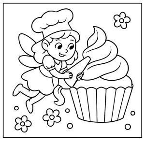 Omalovánka s vílou pekařkou, která zdobí obří cupcake – coloring page zdarma