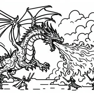 Omalovánka boj s ohnivým drakem – coloring page s drakem dštícím oheň v bitvě k vytisknutí