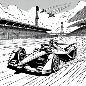 Formula-E auto driftující u solárních tribun – omalovánka zdarma k vytištění