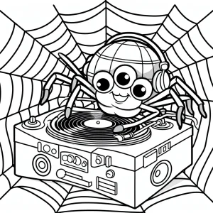 Pavouk DJ na diskotéce – omalovánka k vytištění zdarma