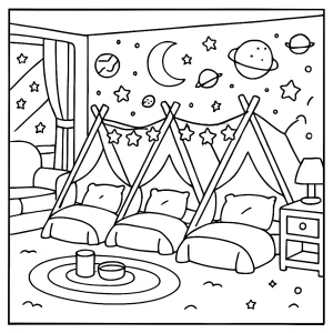 Galaxie ve stanech v obývacím pokoji – omalovánka zdarma, coloring page ke stažení pro děti