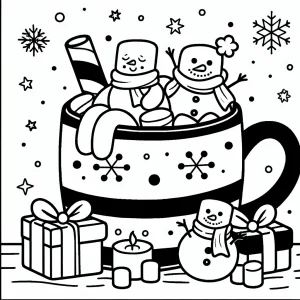 Zimní omalovánka s marshmallow sněhuláky v hrnku mátového kakaa – coloring page zdarma