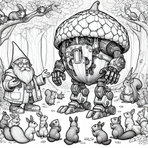 Omalovánka skřítek vynálezce s mech oblekem před lesním publikem – coloring page