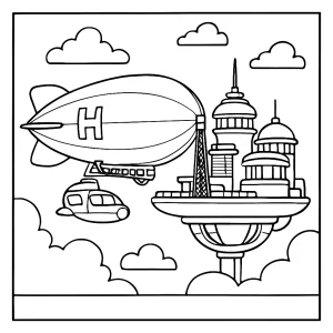 Retro-futuristická hydrogenová vzducholoď u nebeského přístavu – omalovánka ke stažení zdarma, coloring page pro děti