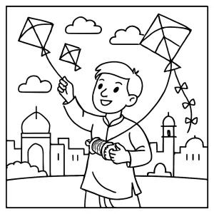 Omalovánka Indie – děti pouštějí draky na Makar Sankranti, stránka k vybarvení zdarma