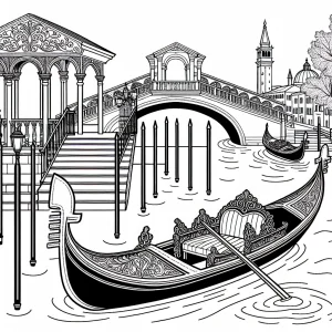 Omalovánka gondoly pod benátským mostem – coloring page s italskou scenérií k vybarvení