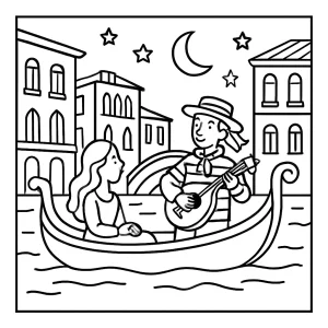 Omalovánka gondoly v Benátkách při večerní serenádě – coloring page k vytištění zdarma