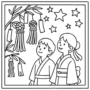 Tanabata Star Festival japonská omalovánka – coloring page s hvězdami, lampiony, bambusem a přáními