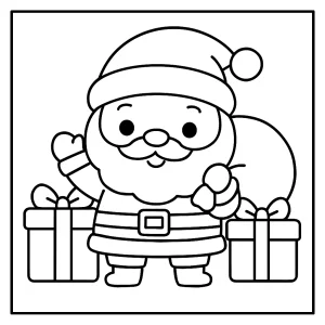 Kawaii Santa Claus s dárky – omalovánka, coloring page k vybarvení a vytištění zdarma