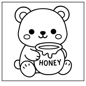 Kawaii medvídek držící hrnec medu – coloring page omalovánka pro děti k vytištění zdarma