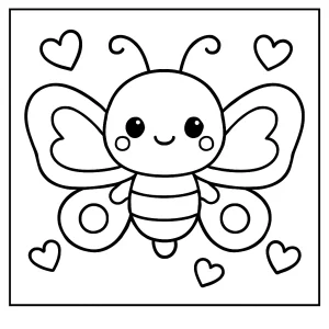 Kawaii motýlek se srdíčky – omalovánka k vytištění zdarma, coloring page pro děti
