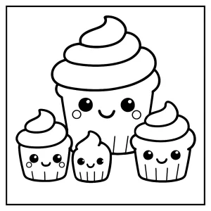 Kawaii cupcake family coloring page – omalovánka s rodinou roztomilých cupcaků k vybarvení zdarma