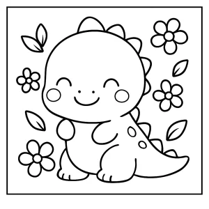 Omalovánka s kawaii dinosaurem a květinami – coloring page pro děti zdarma k vybarvení a tisku