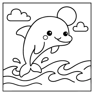 Kawaii delfín skákající v oceánu – omalovánka zdarma pro děti k vybarvení