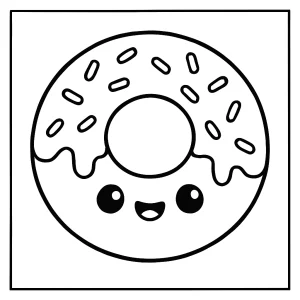 Kawaii donut s veselým obličejem omalovánka – coloring page k vytištění zdarma