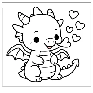 Kawaii dráček chrlící srdíčka omalovánka zdarma pro tisk a vybarvení