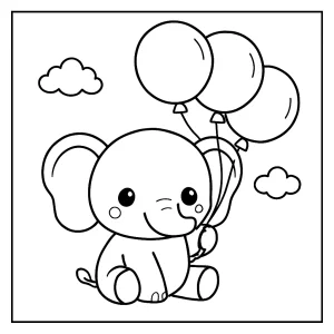 Kawaii slon s balónky – omalovánka coloring page k vybarvení a tisku pro děti