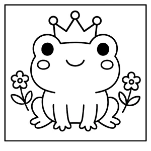 Kawaii žabička s korunkou – omalovánka pro děti, coloring page zdarma k vytištění