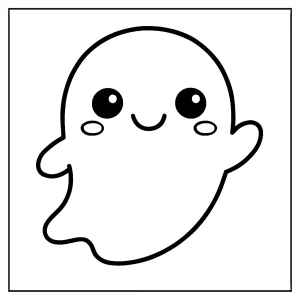 Roztomilý kawaii duch s úsměvem – omalovánka k vybarvení zdarma