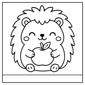 Roztomilý kawaii ježek s jablkem – omalovánka coloring page k vybarvení zdarma