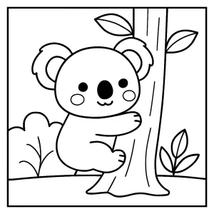 Kawaii koala objímající strom omalovánka – coloring page zdarma k vytištění