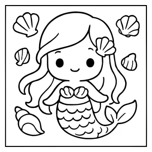 Kawaii mořská víla s mušlemi, omalovánka pro děti – coloring page zdarma k vybarvení