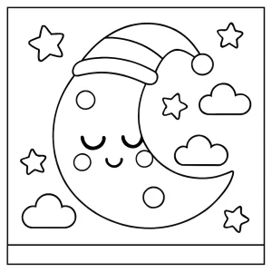 Spící kawaii měsíc omalovánka – coloring page zdarma pro děti k vytištění