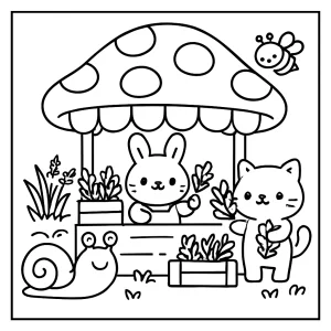 Kawaii mushroom farmers' market coloring page – omalovánka s roztomilými zvířátky a bylinkami
