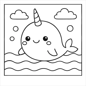 Roztomilý kawaii narval v oceánu, omalovánka k vytištění zdarma
